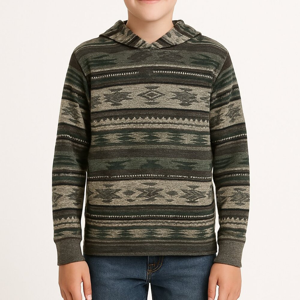 Lucky Brand NEW Aztec Print Knit Hoodie Pullover Green Gray Tribal Pattern M